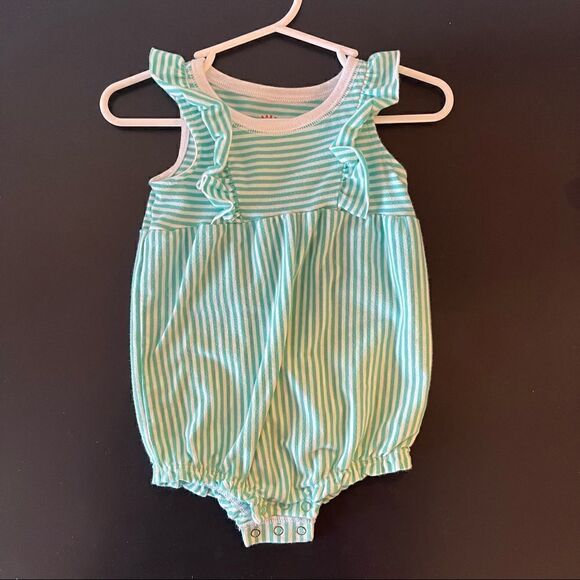 Baby Cat & Jack 6-9 mo NWOT teal & white stripes onesie bubble w ruffle sleeves - Picture 1 of 7